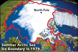 Since 1979, the size of the summer polar ice cap has shrunk more than 20 percent. (NASA) 