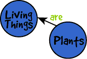 Image of a concept map with two connected nodes labeled plants and living things.  Please have someone assist you with this.