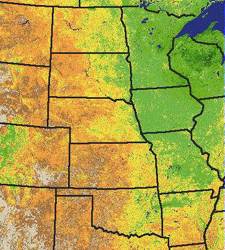 Image one of the digital maps that show the time-integrated Normalized Difference Vegetation Index over the American Midwest.