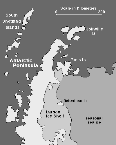 Image showing the seasonal sea ice around the Antarctic Peninsula.  Please have someone assist you with this.