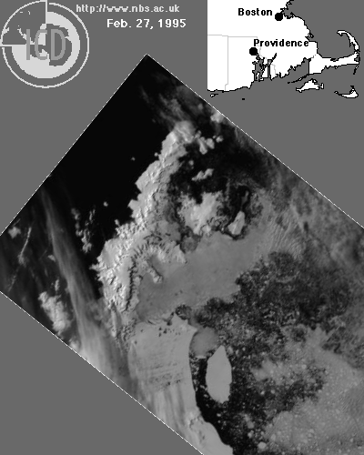 Image of a near-infrared AVHRR image documenting the collapse of part of the Larsen Ice Shelf bordering the Antarctic Peninsula. Please have someone assist you with this.