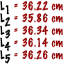 Image that shows five length measurements of an object.  Please have someone assist you with this.