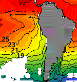 Image of the average sea temperatures around South America.  Please have someone assist you with this.