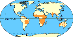 Image of a world map that displays where the tropical grasslands are located. Please have someone assist you with this.