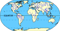 Image of a world map that displays where the fresh water biomes are located. Please have someone assist you with this.