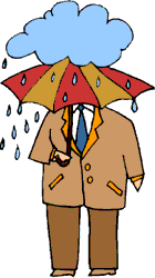 Image of a man with an umbrella standing under a rain cloud.