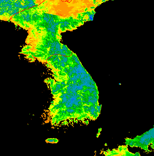 Image that shows a mosaic, made from more than one individual image, shows the Normalized Difference Vegetation Index (NDVI) for the Korean peninsula and surrounding regions.  Please have someone assist you with this.