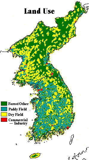 Image of a map of Korea showing the land use.  Please have someone assist you with this.