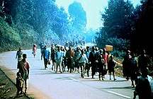 Image of refugees fleeing in July 1994 to Zaire (now Congo) from the civil war in Rwanda.  This image links to a more detailed image.