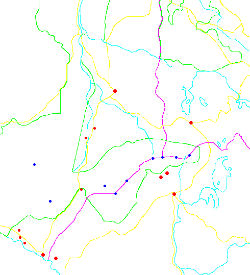 Image which shows the base map for the Local Scale Virunga political map. It shows national boundaries, town locations, etc., coded in different colors. Please have someone assist you with this.