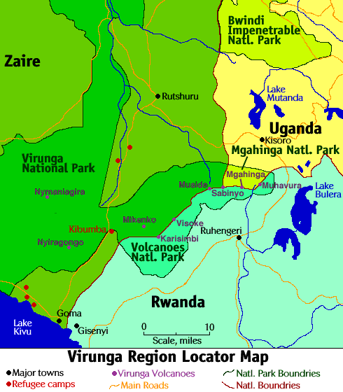 Image of a map that shows principal roads, locations of towns, national boundaries, rivers and lakes, and the names of the volcanoes in the Virunga range.  Please have someone assist you with this.