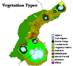 Image showing the distribution of the different vegetation types in the rainforest around the six dormant volcanoes. This image links to a more detailed image.