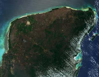 Image of the Yucatan Penninsula in southern Mexico.  This image links to another image. 