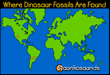 Image of a map that displays where Staurikosaurid dinosaur fossils are found.  Please have someone assist you with this.