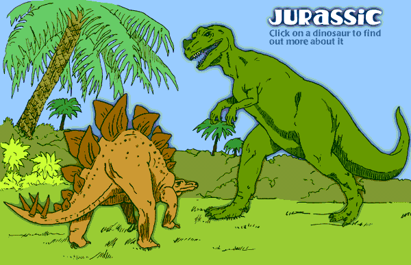 Image of two different dinosaurs in a wild habitat and a caption that reads: Jurassic --  Click on a dinosaur to find out more about it.    Please have someone assist you with this.