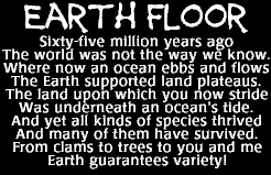Image that says: Earth Floor -- Sixty-five million years ago the world was not the way we know.  Where now an ocean ebbs and flows the Earth supported land plateus.  The land upon which you now stride was underneath an ocean's tide.  And yet all kinds of species thrived and many of them have survived.  From clams to trees to you and me Earth guarantess variety!