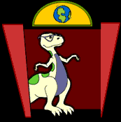 Image of a dinosaur getting off the elevator on the Earth Floor.