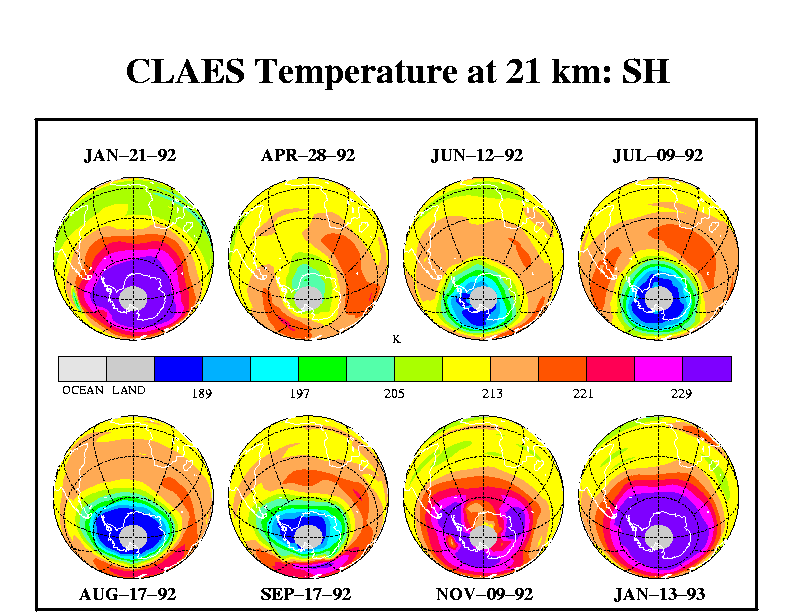 Image of CLAES Temperature at 21 km: SH.  Please have someone assist you with this.