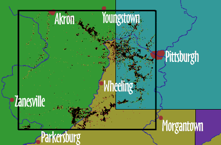 Image of a composite showing how the agricultural areas around Rio Branco compare with the area around Wheeling, WV (the home of ETE).