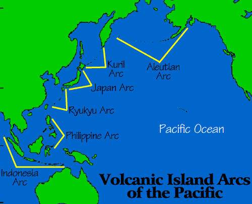 Image of a map showing the Volcanic Island Arcs of the Pacific.  Please have someone assist you with this.
