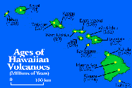 Image of a map showing the islands of Hawaii and the ages of the Hawaiian volcanoes.  This image links a more detailed image.