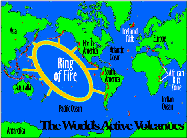 Image of a map showing the world's active volcanoes and the ring of fire.  This image links to a more detailed image.