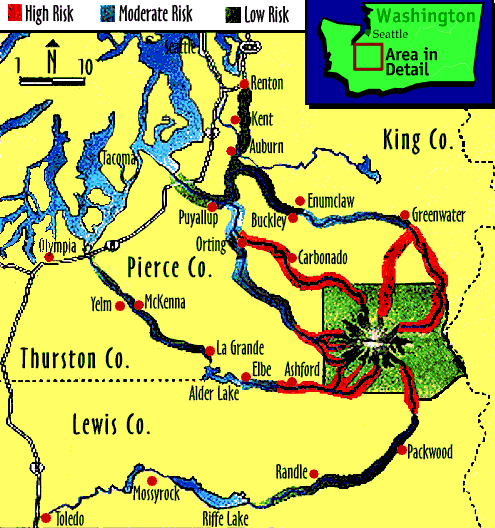 Image of a map showing the Mt. Rainier volcano area in detail.  Please have someone assist you with this.