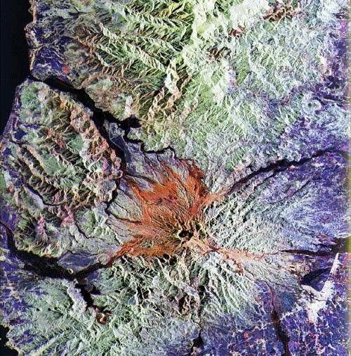 Image of a SIR-C radar image taken of Mount Pinatubo in the Philippines showing the central cone and summit crater. 