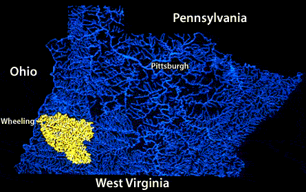 Image showing the Wheeling Creek watershed in Ohio, West Virginia, and Pennsylvania.