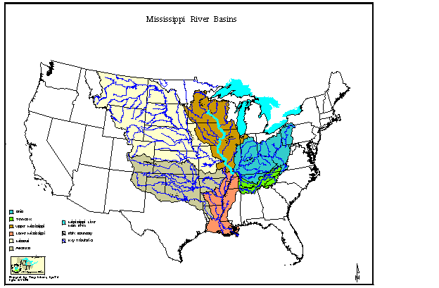 Image of a map that displays the Mississippi River basin.  Please have someone assist you with this.