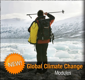 Image of person on ice field and graphic introducing new global climate change modules.