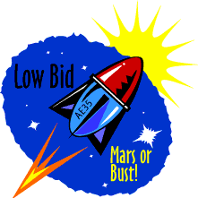 Image of space shuttle flying through space and a caption that reads: Low Bid and Mars or Bust!