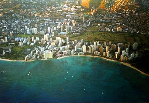 Image of Waikiki Beach and part of downtown Honolulu.