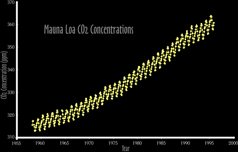 Image of a graph showing the Mauna Loa CO2 Concentrations.  Please have someone assist you with this.