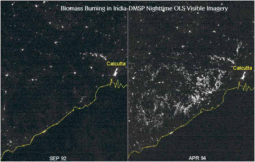Image of the Biomass Burning in India-DMSP Nighttime OLS Visible Imagery.  Please have someone assist you with this.