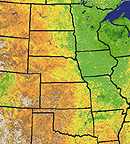 Image one of the digital maps that show the time-integrated Normalized Difference Vegetation Index over the American Midwest.  This image links to a more detailed image.