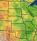 Image two of the digital maps that show the time-integrated Normalized Difference Vegetation Index over the American Midwest.  This image links to a more detailed image.
