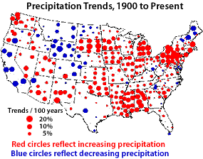 Image of a map showing precipitation trends across the United States from 1900 to the present.  Please have someone assist you with this.