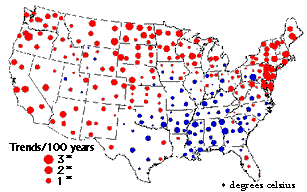 Image of a map that displays temperature trends across the United States over the last 100 years.  Please have someone assist you with this.