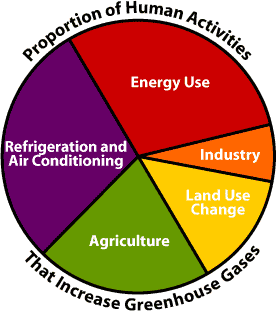 Image of a pie chart showing portions of human activities that contribute to an increase in greenhouse gases.