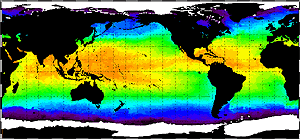 Image of nighttime sea surface tempertures measured by AVHRR instruments.