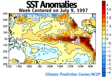 Image of SST Anomalies centered on the week of July 9, 1997 produced by the Climate Prediction Center/NCEP.  Please have someone assist you with this.