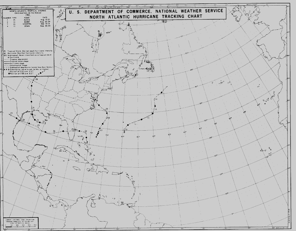 Image of the U.S. Department of Commerce, National Weather Service North Atlantic Hurricane Tracking Chart.  Please have someone assist you with this.