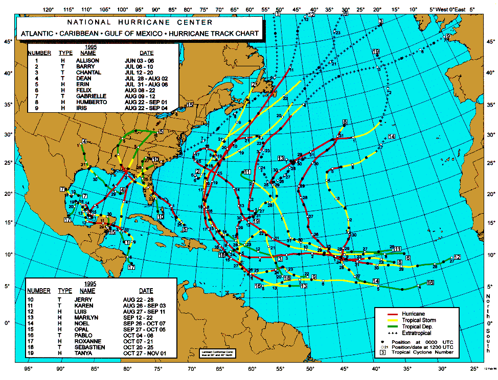 Image of the National Hurricane Center's hurricane tracking chart of the Atlantic, Caribbean, and Gulf of Mexico.  Please have someone assist you with this.