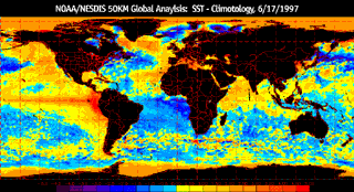 Image of NOAA/NESDIS 50KM Global Anaylsis: SST - Climotology, 6/17/1997. This image links to a more detailed image.