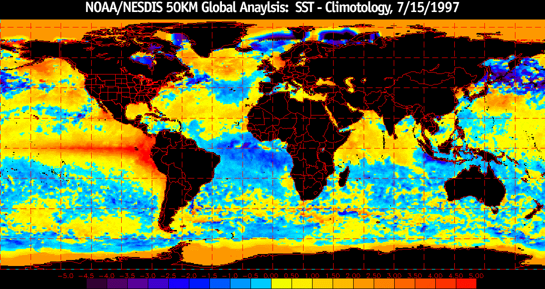 Image of NOAA/NESDIS 50KM Global Anaylsis: SST - Climotology, 7/15/1997.  Please have someone assist you with this.