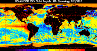 Image of NOAA/NESDIS 50KM Global Anaylsis: SST - Climotology, 7/15/1997. This image links to a more detailed image.