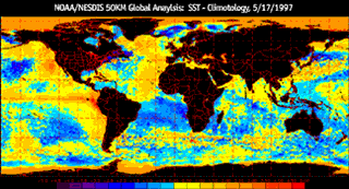 Image of NOAA/NESDIS 50KM Global Anaylsis: SST - Climotology, 5/1/1997. This image links to a more detailed image.