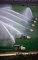 Image showing irrigation of agricultural fields with trucks.