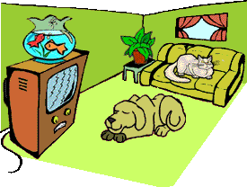 Image of a living room with a cat laying on a couch, a dog laying on the floor, and a fish bowl on top of a television.